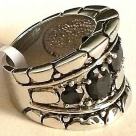 Silver Art Deco Statement Cocktail Ring Sz 6 8 Goth Gothic Onyx Black Stone - Picture 6 of 8